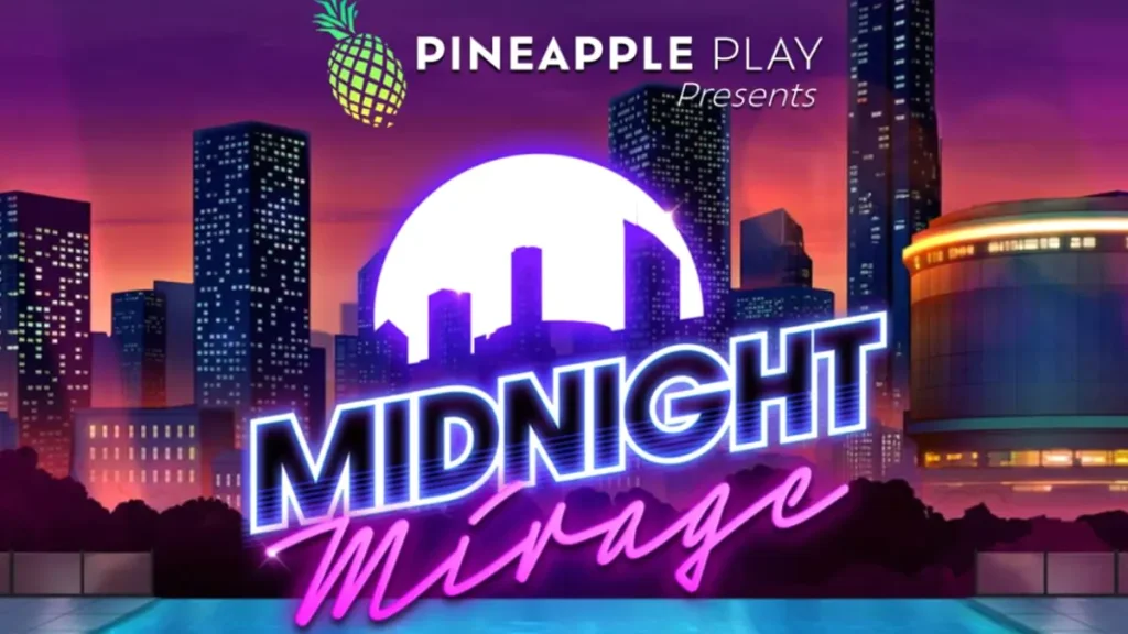 Tampilan visual neon yang memukau dari slot Midnight Mirage dengan latar belakang pemandangan kota di malam hari.
