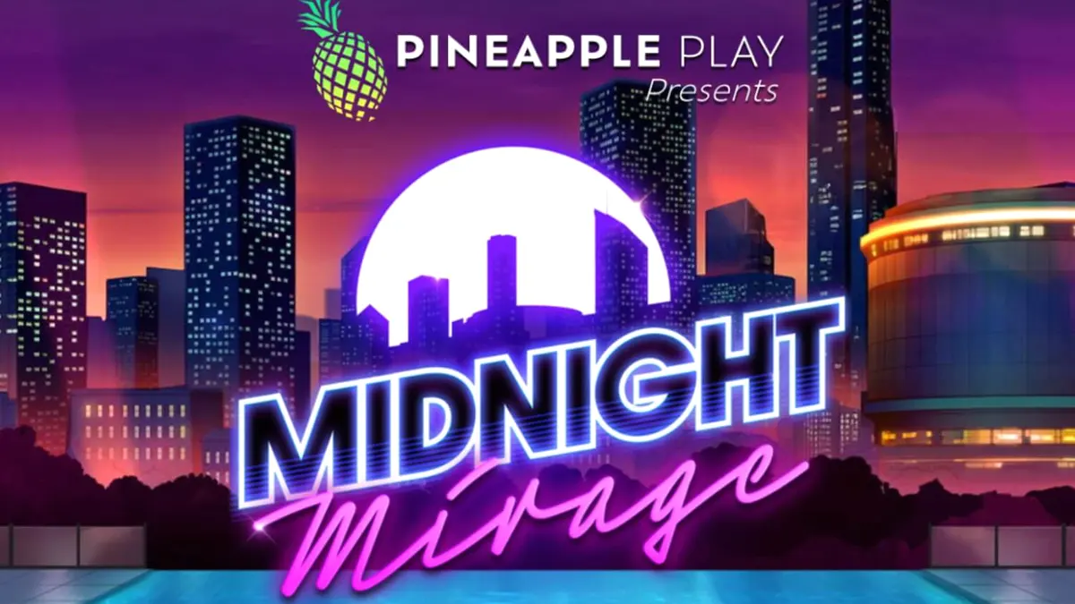 Tampilan visual neon yang memukau dari slot Midnight Mirage dengan latar belakang pemandangan kota di malam hari.