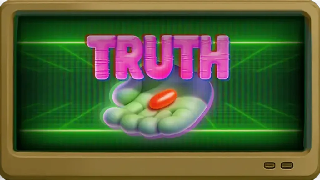 Tampilan visual slot Truth dengan tema konspirasi dan lampu neon