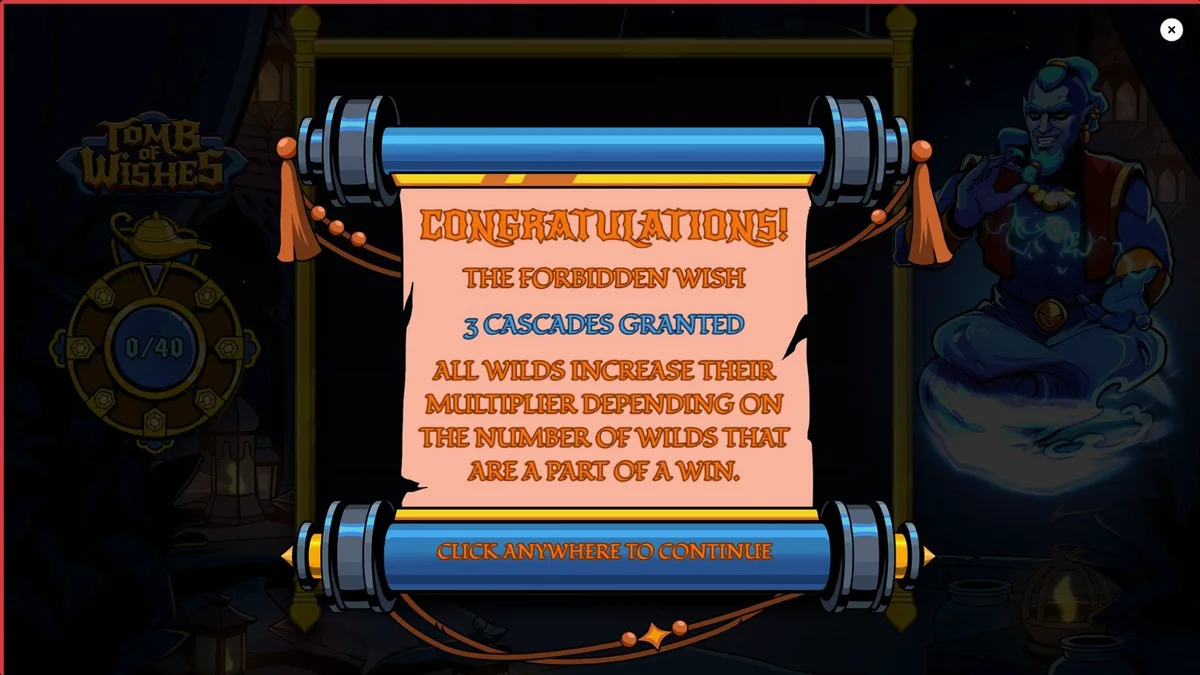 Tomb of Wishes slot machine screen featuring Arabian theme symbols